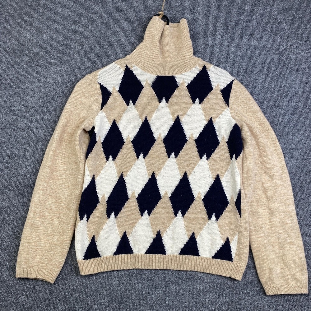 A.P.C. Sweater Womens XL Beige Argyle Virgin Wool Turtleneck Pullover Knit